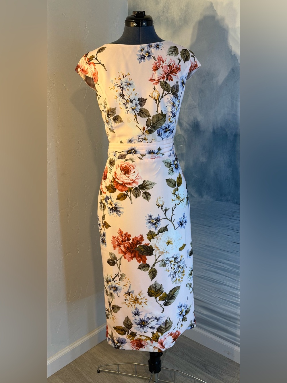Fehaute Light Pink  Floral Midi Dress with Coral and Blue Blooms #424